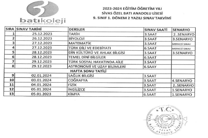 2023-2024 EĞİTİM ÖĞRETİM YILI 1.DÖNEM 2. YAZILI TARİHLERİ 